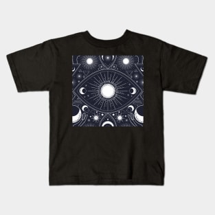 Magic pattern with constellations, sun, moon, magic eyes, hands and stars. Mystical esoteric background. Kids T-Shirt